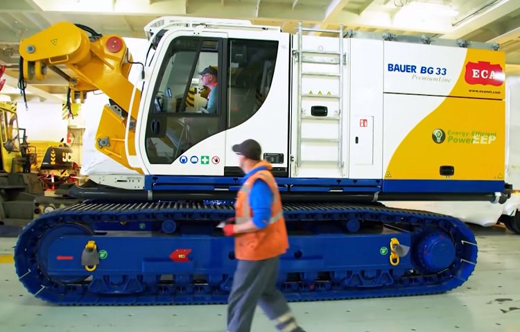 Bauer BG 33 drilling rig driven inside RoRo vessel for transport