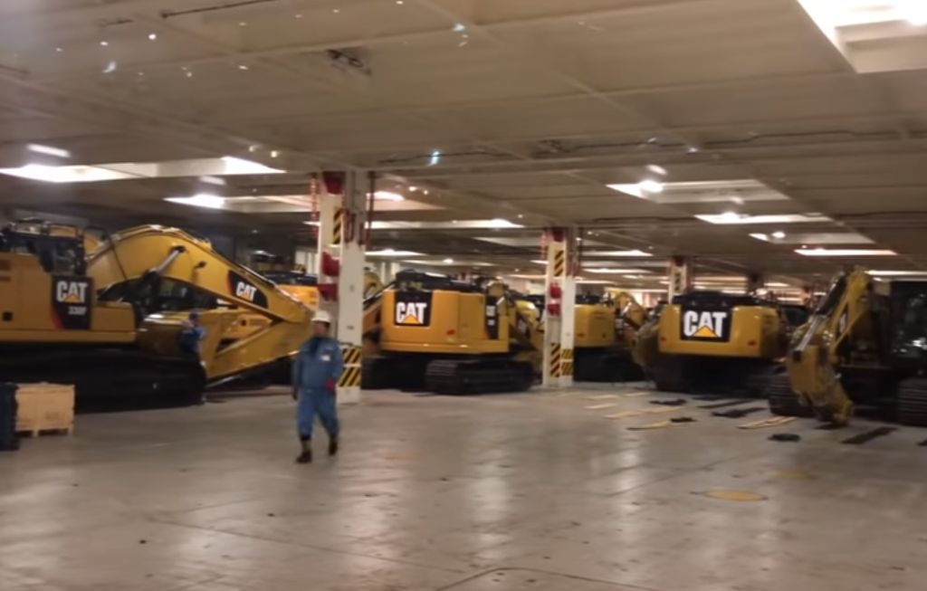 CAT 325F excavators parked inside NYK RoRo vessel