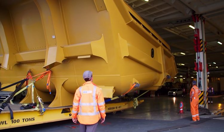 Dumpster container loaded inside RoRo vessel