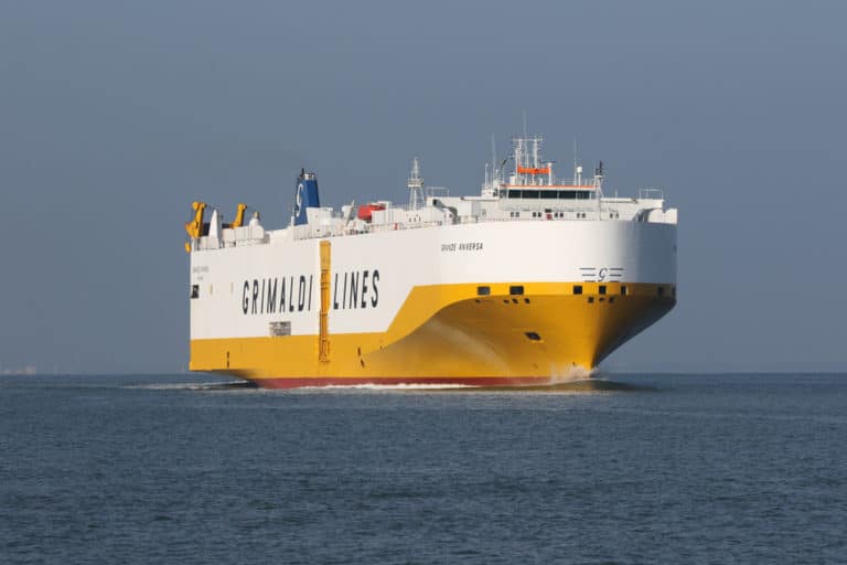 Grimaldi Lines RoRo vessel approaching port fully loaded