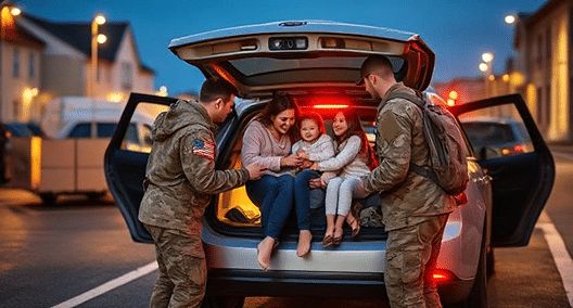 US military service members with family preparing SUV for overseas relocation shipping