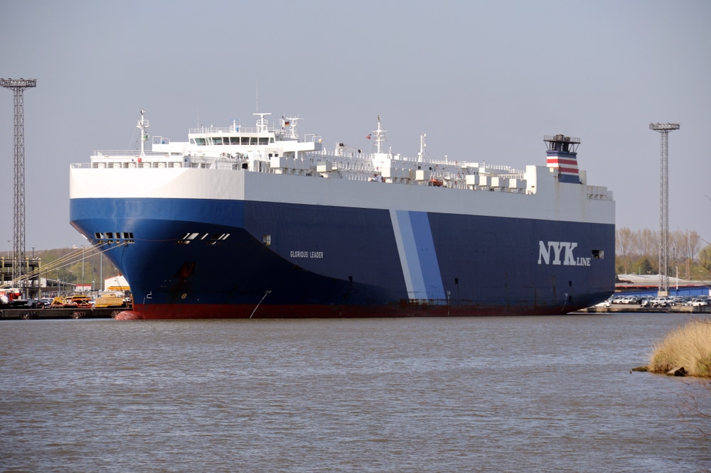 NYK RoRo vessel docked with vehicles ready for loading