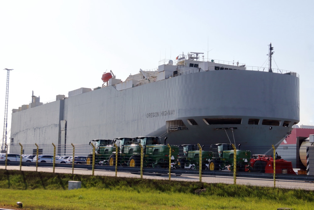 Oregon Highway RoRo ship docked with cars and tractors