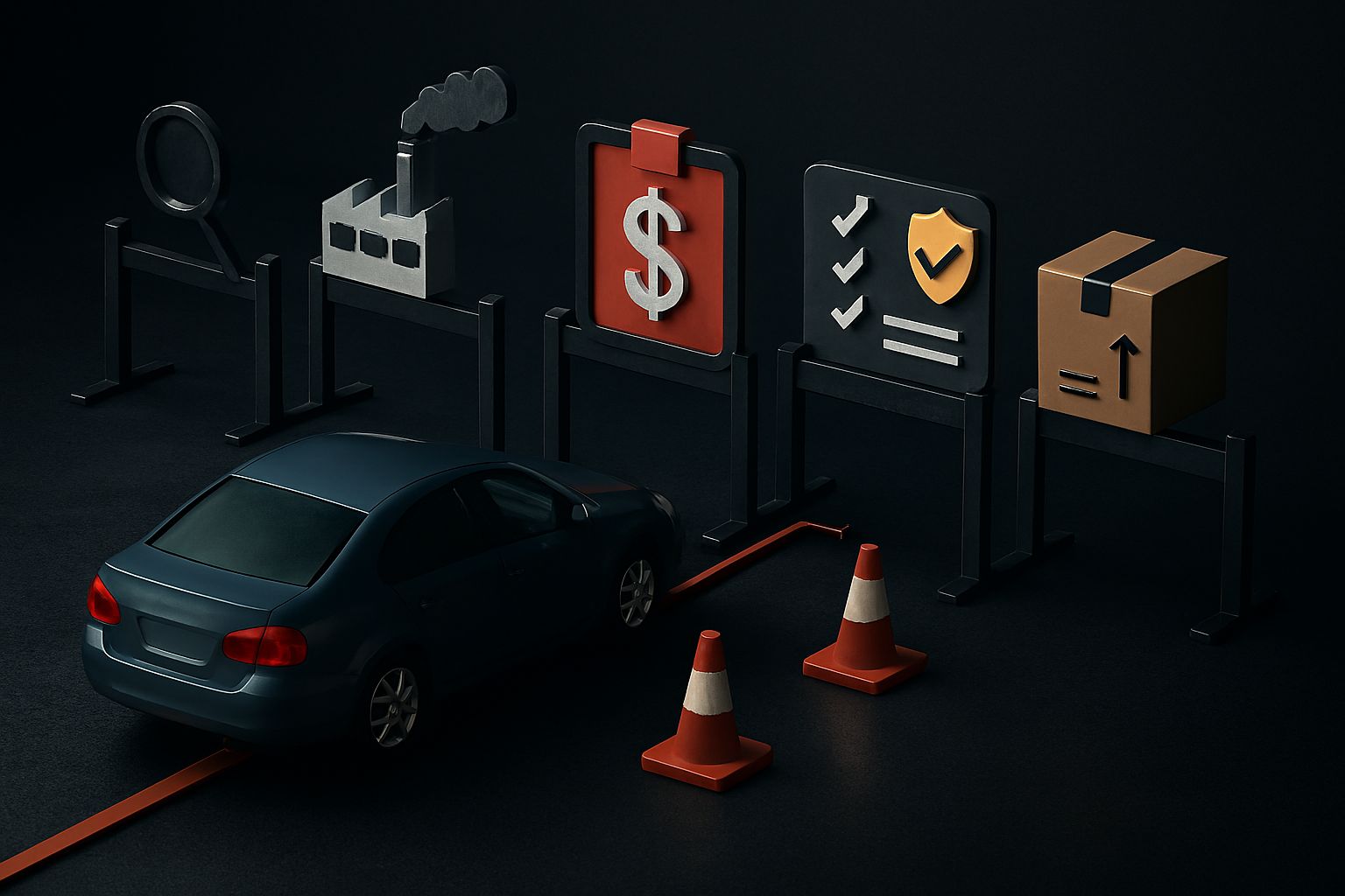Car approaching five barriers symbolizing vehicle import challenges