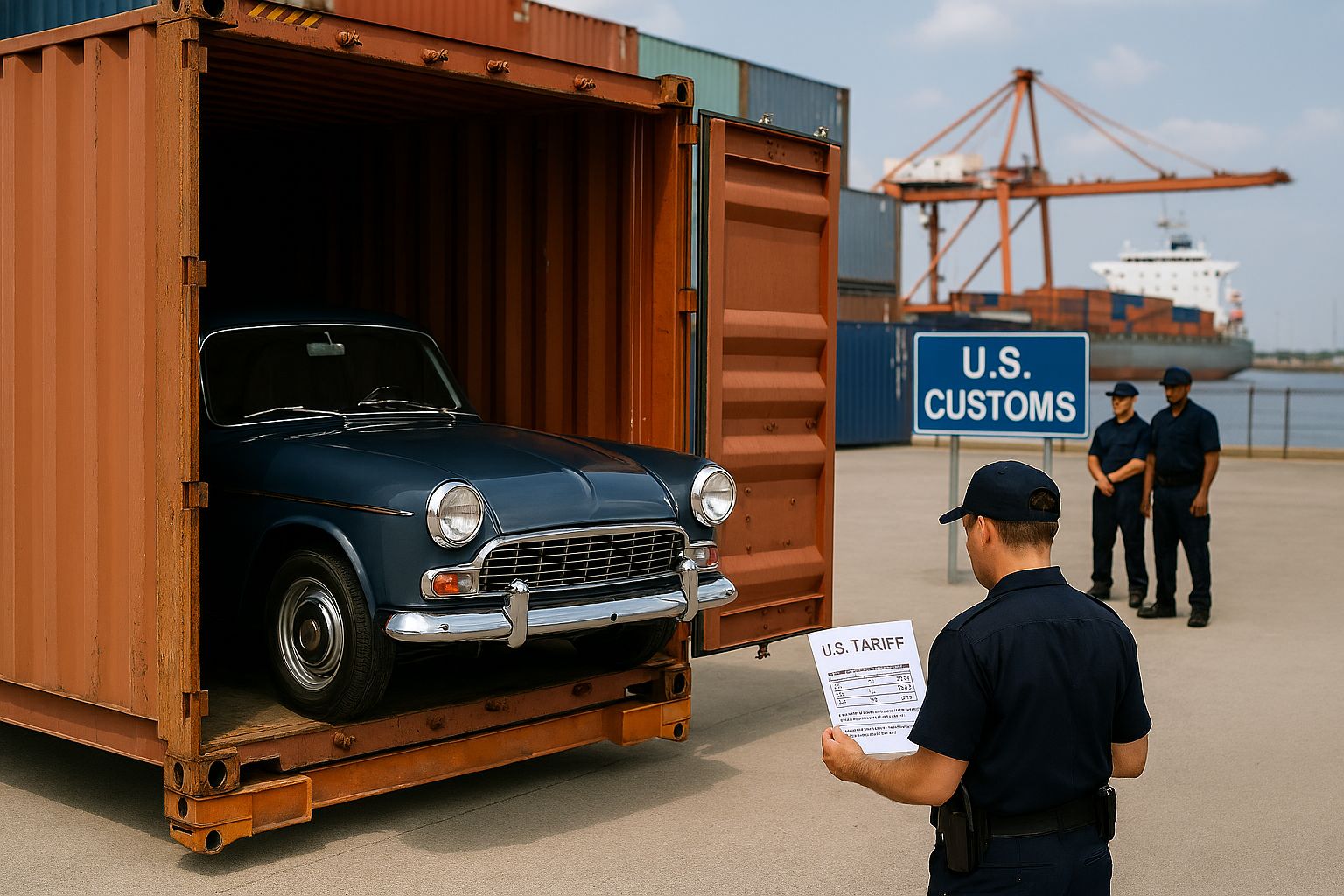Shipping container with vintage car arriving at U.S. port with customs officers nearby
