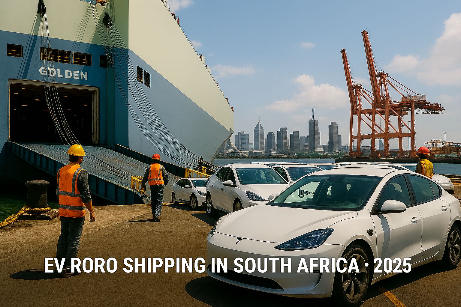 Electric vehicles being loaded onto a RoRo vessel at a South African port with dock workers and cranes in view.