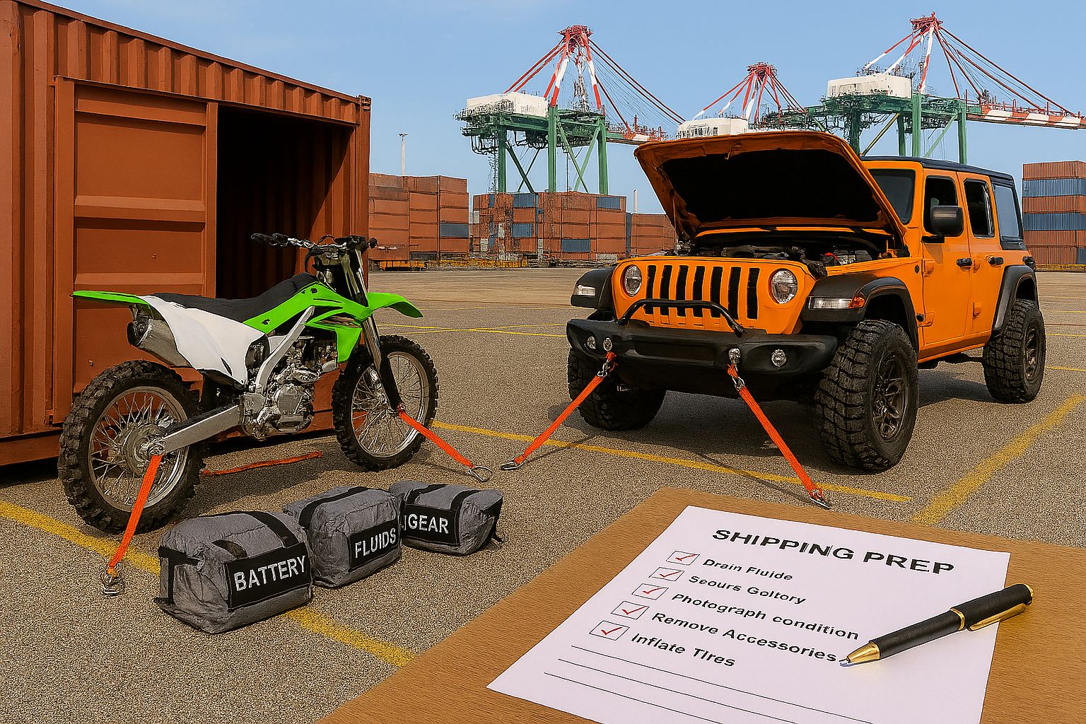 Dirt bike and off-road Jeep being prepared for international shipping with fluids drained, battery disconnected, gear bags labeled, and a checklist of safe transport tips visible on a nearby table.
