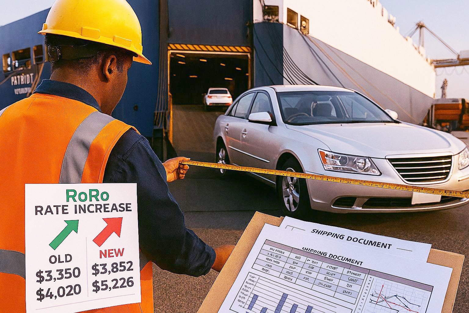 Port worker measuring a sedan before RoRo loading, with a rate chart showing old and new shipping costs and USTR Recovery Fee documentation visible in the background.
