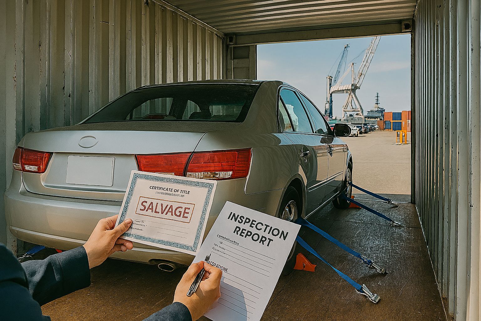 Photorealistic image of a salvage-title sedan secured with straps and wheel chocks inside a shipping container at an international port, with cranes and stacked containers visible in the background.