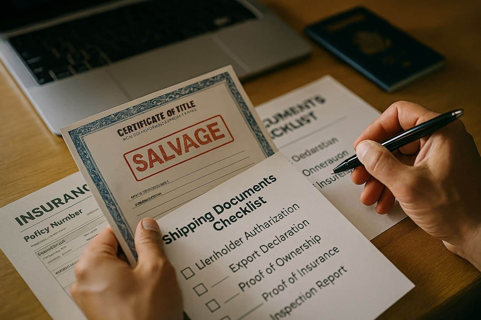 Photorealistic image of a salvage car title and export documents being reviewed at a desk, including insurance papers and a shipping checklist for overseas transport.