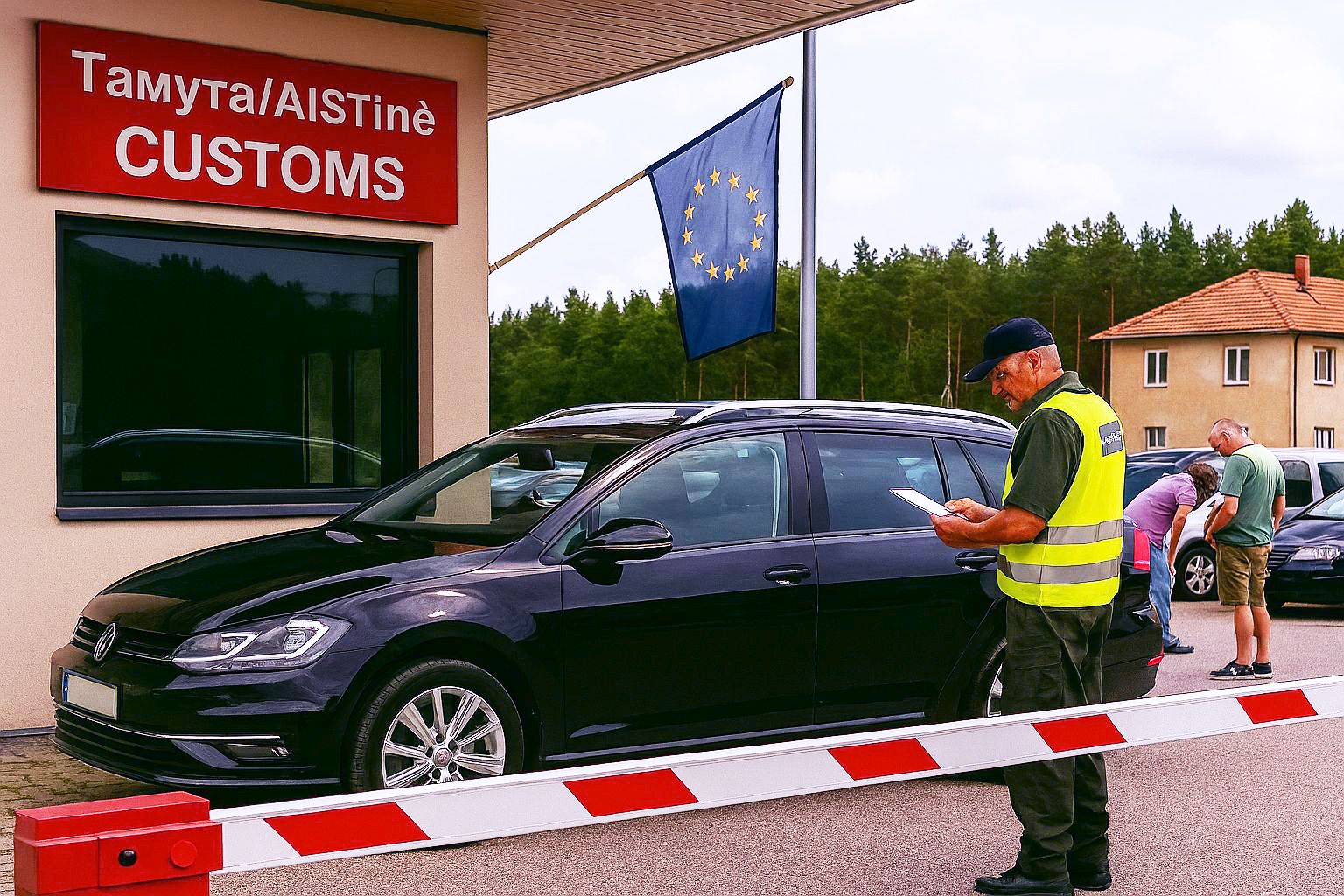 Photorealistic image of a customs officer inspecting a mid-size SUV at an Eastern European border checkpoint, with regional signage and EU symbols—illustrating the customs clearance process for vehicle exports to Romania, Bulgaria, and the Baltics.