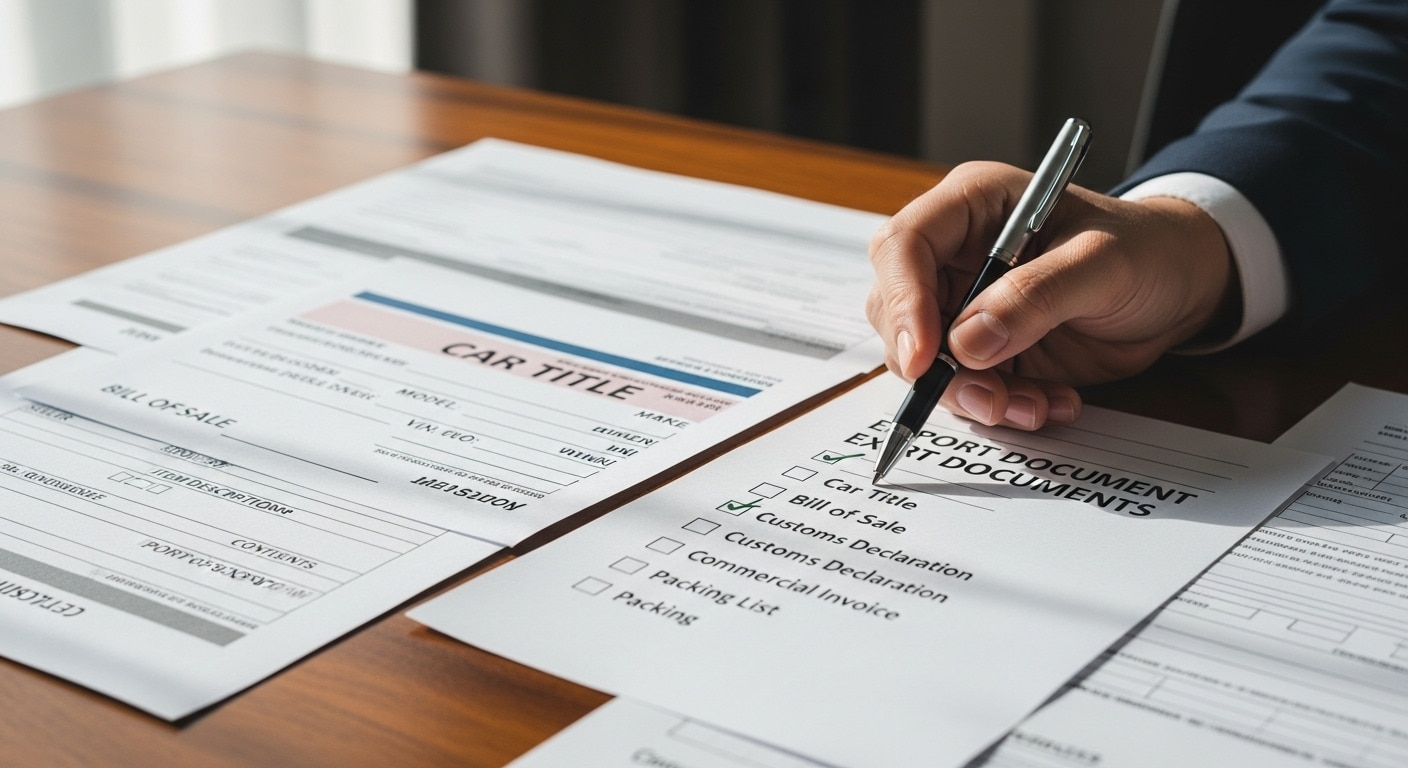 Photorealistic image of export documents for international car shipping, including title, invoice, and customs forms neatly arranged on a desk.