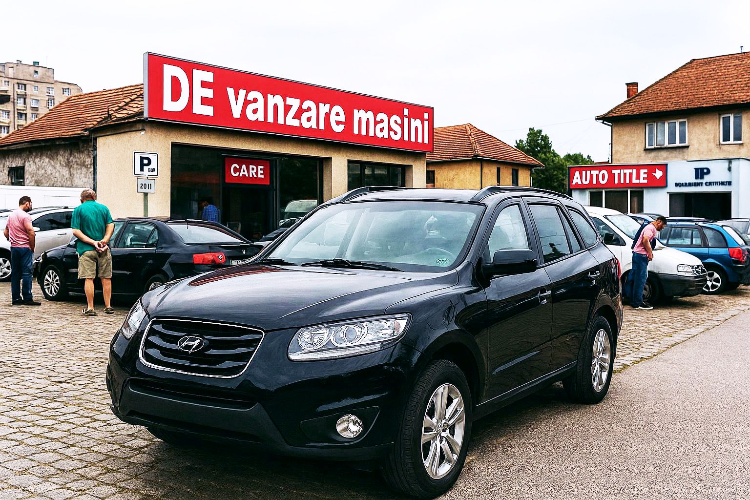 Photorealistic image of a used SUV in an Eastern European car market, with buyers inspecting vehicles and Romanian or Bulgarian signage—conveying rising demand for vehicle exports to Romania and Bulgaria.