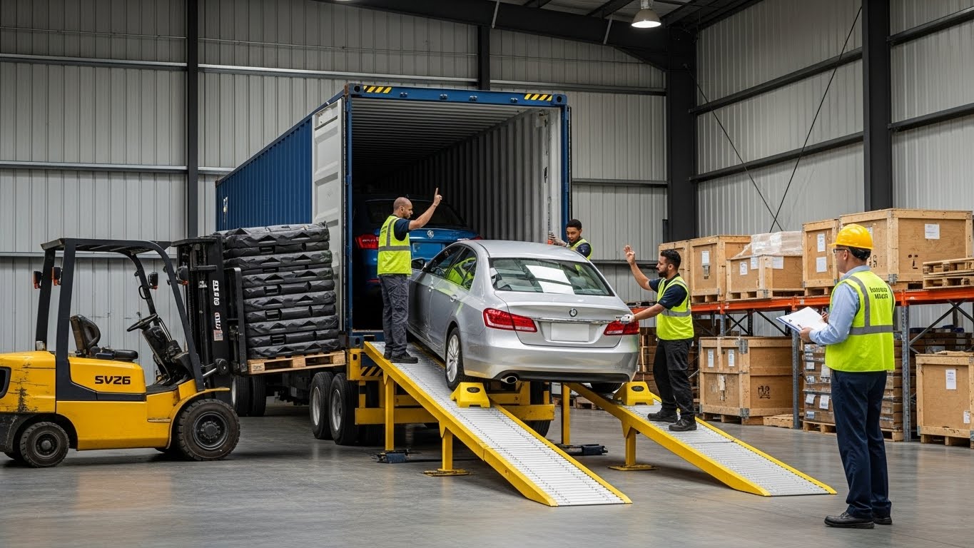 Cars being professionally loaded into a shared container (LCL) with ramps, wheel chocks, and crew in safety vests.