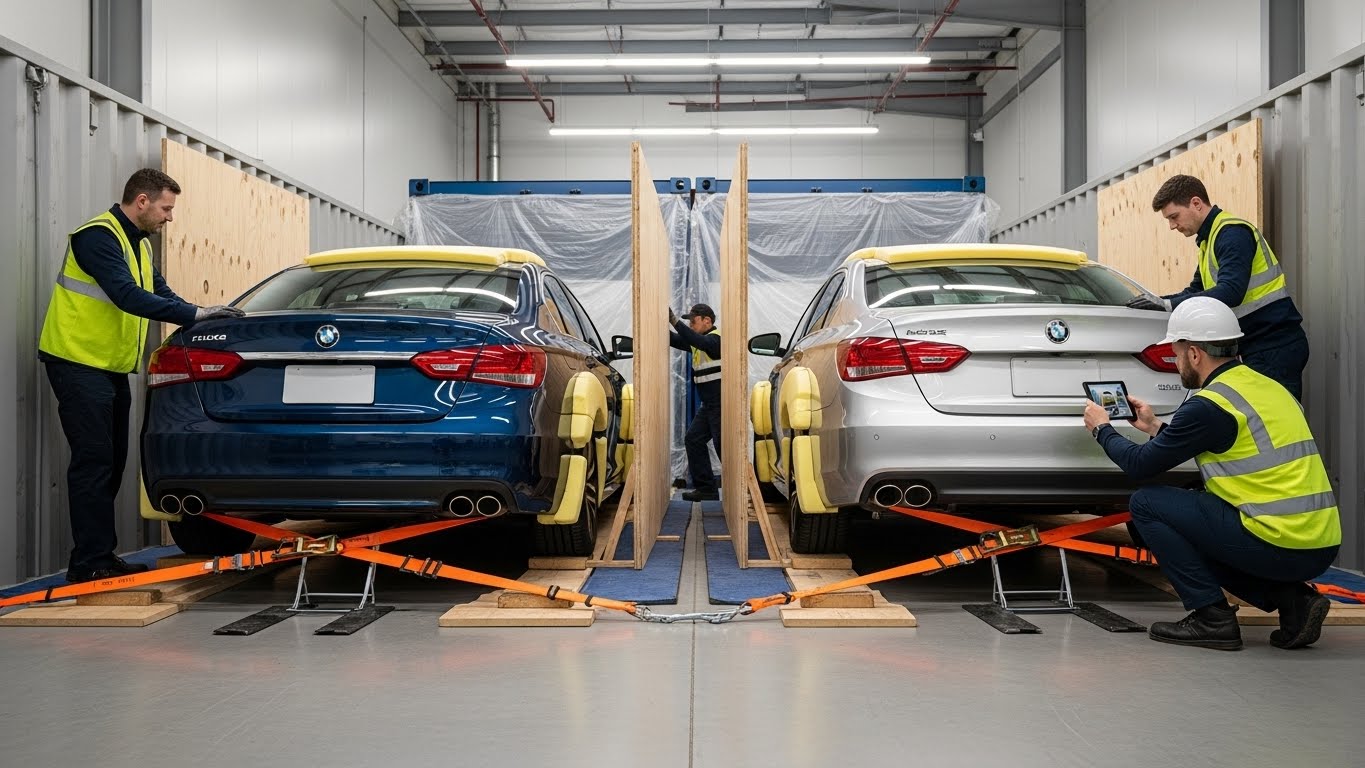 Technicians securing sedans for shared container (LCL) shipping with wheel chocks, protective padding, moisture barriers, and heavy-duty straps