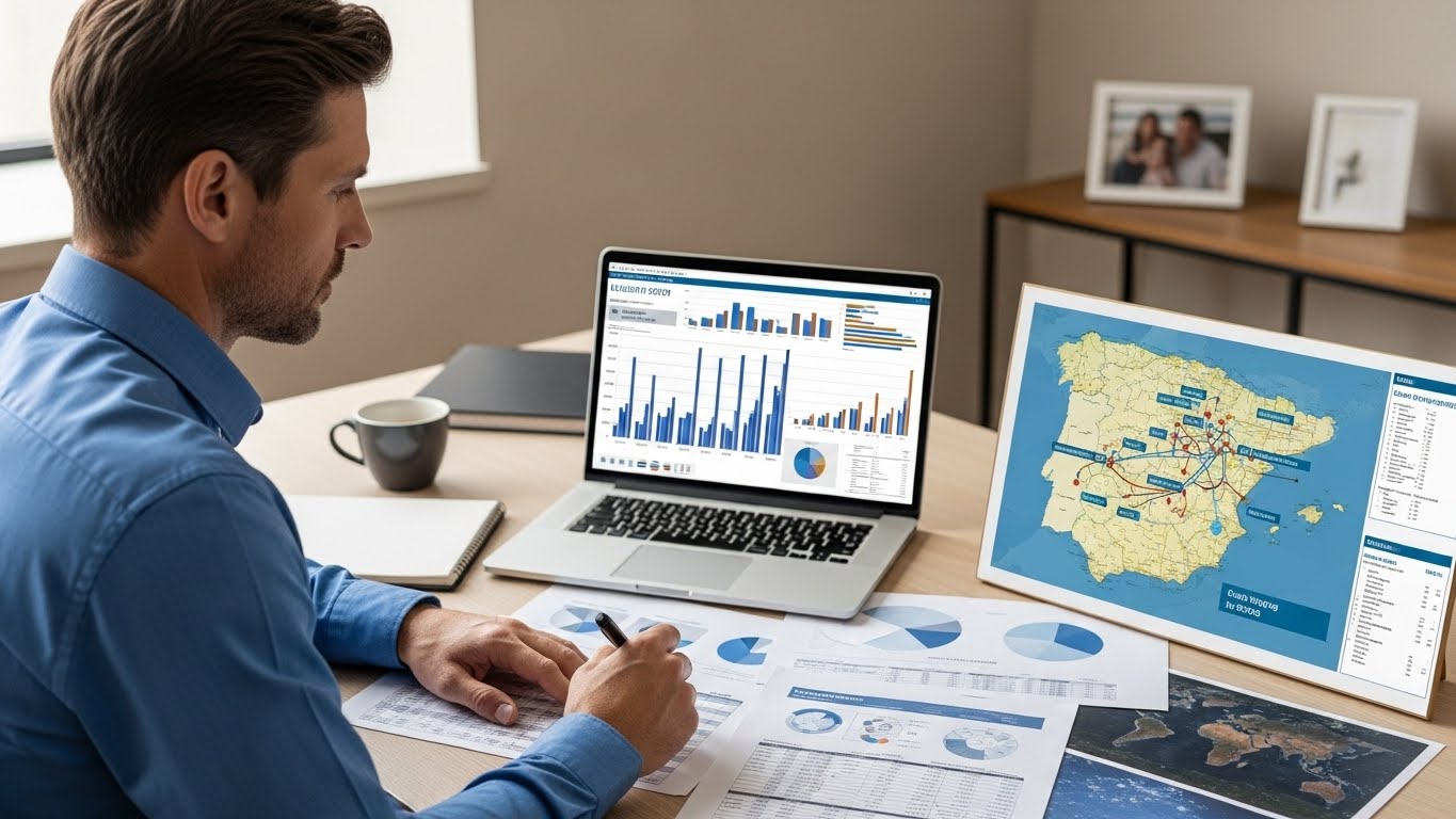 Logistics expert reviewing 2026 car shipping to Spain cost factors on a laptop and documents