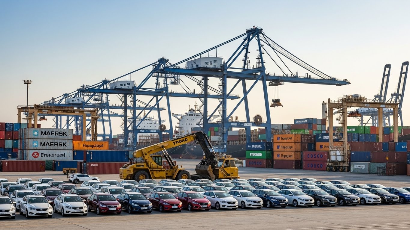 Cars and heavy machinery at a port with US and China containers and cranes in the background