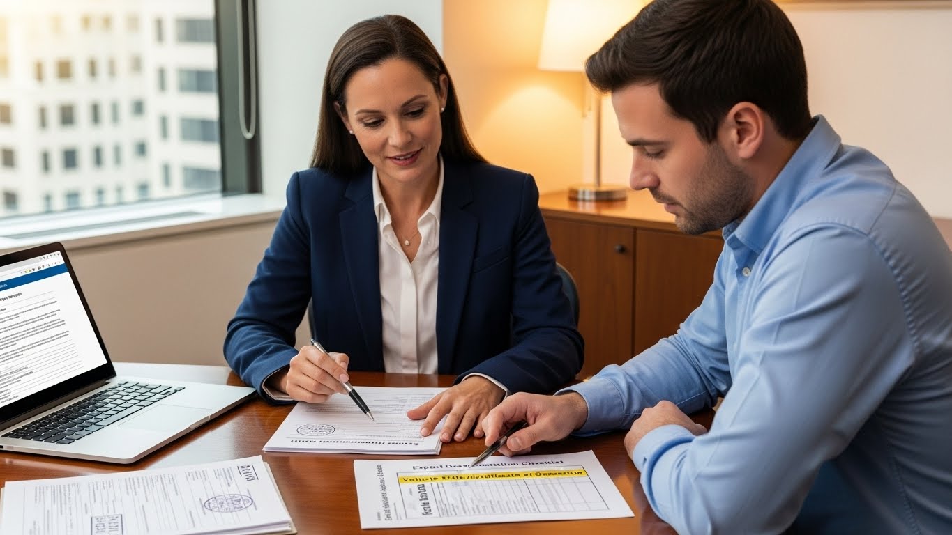 Shipping advisor and customer reviewing overseas car export documents when the title is missing
