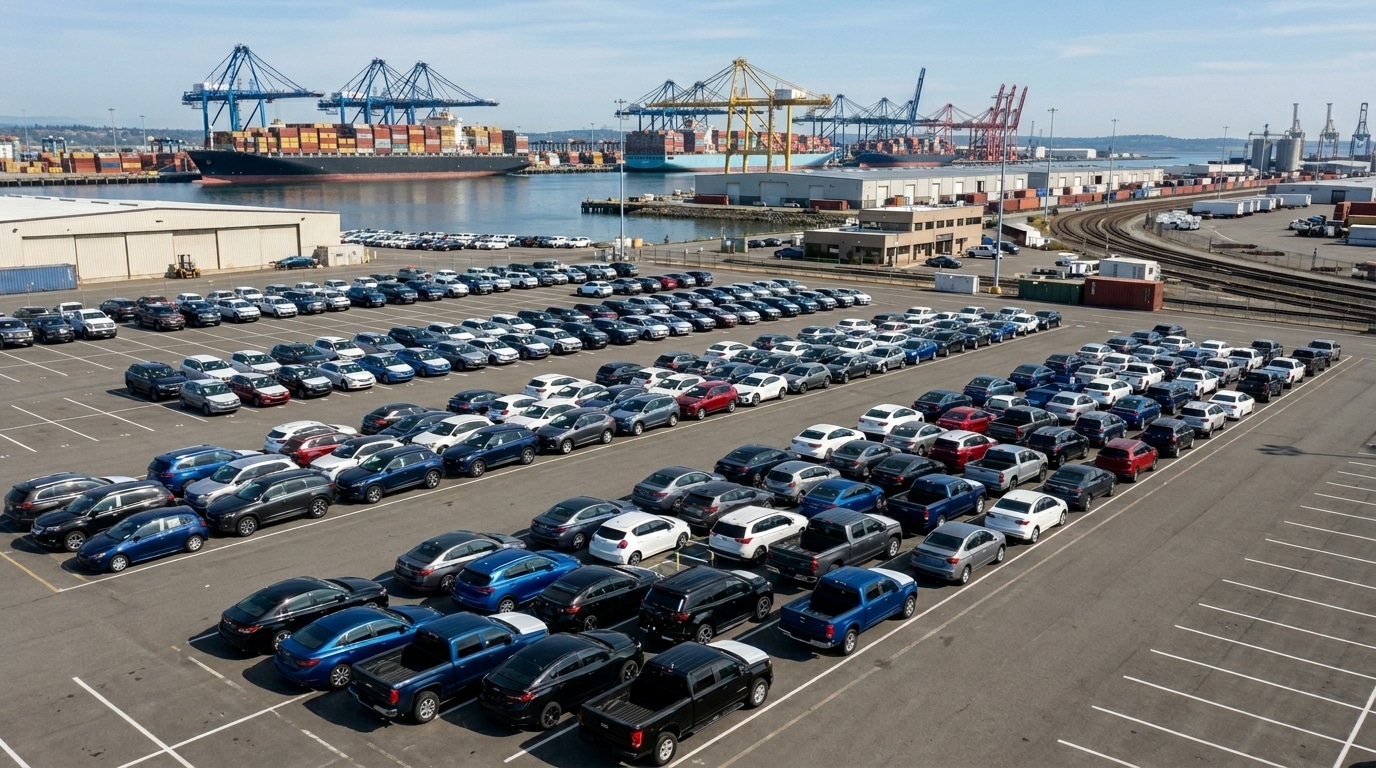 Cars purchased at US car auctions being staged at a US port for shipment to European buyers