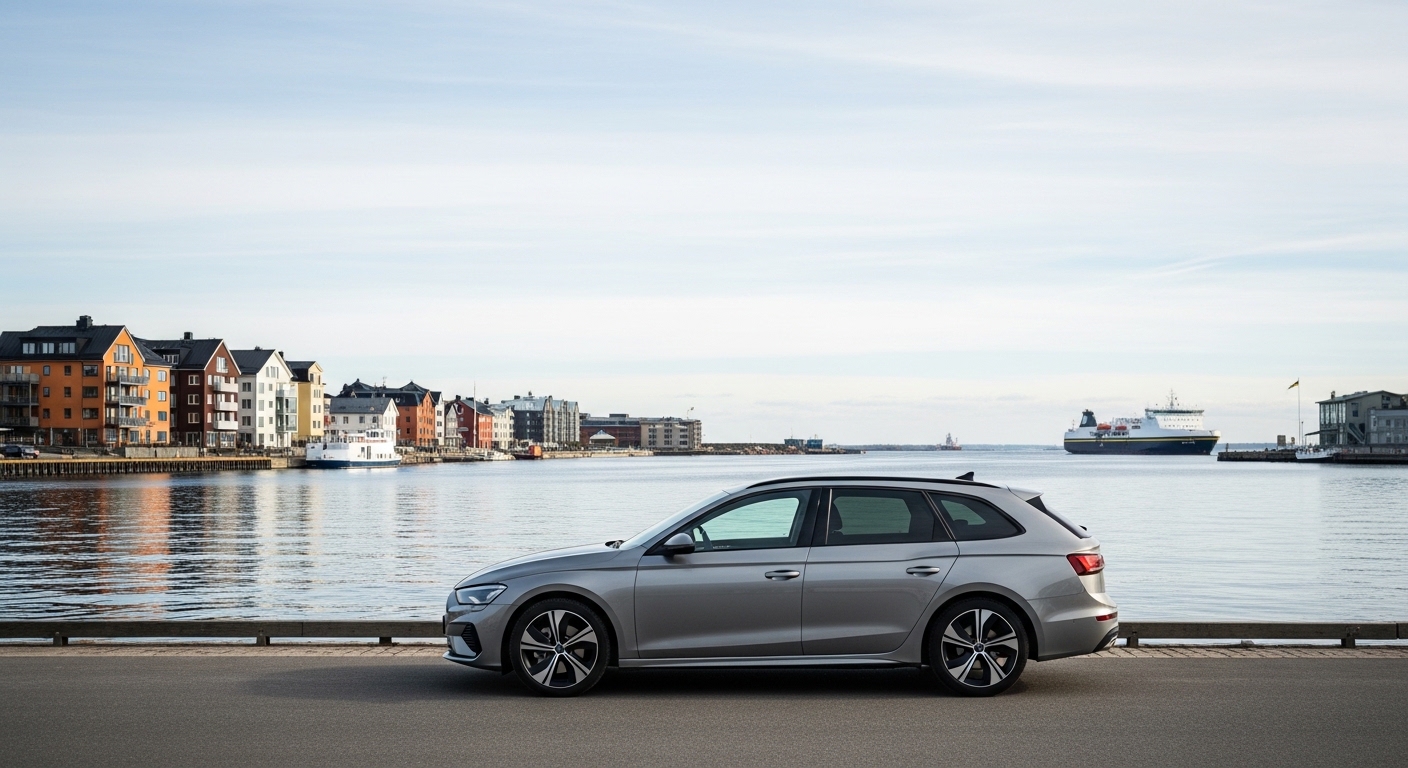 Modern car parked near a Scandinavian style dock representing how to ship a car to Sweden in 2026