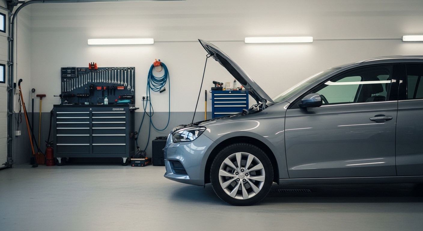 Car being inspected and prepared in a clean garage before shipping a car to Sweden in 2026