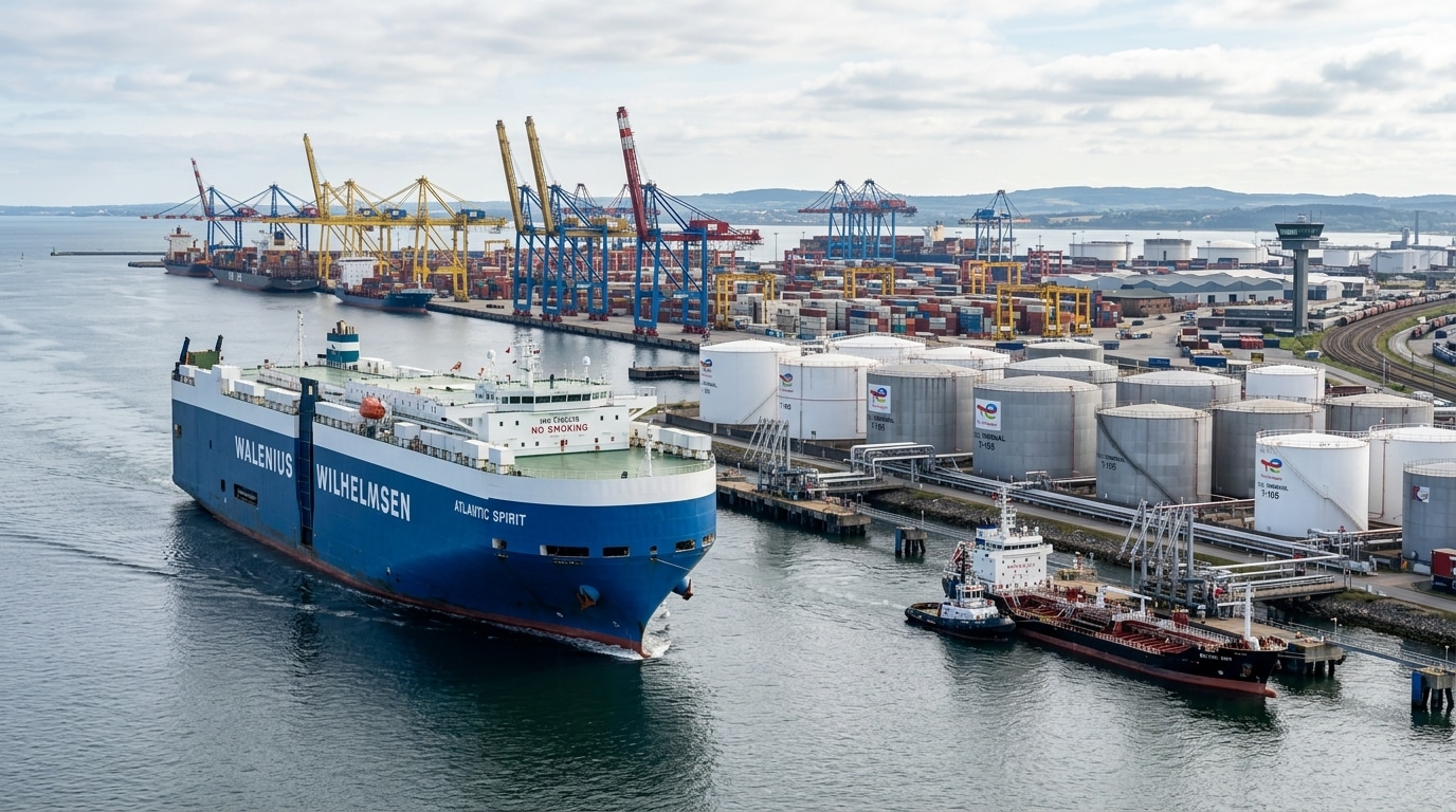 Vehicle carrier ship near a fuel terminal at a busy commercial port