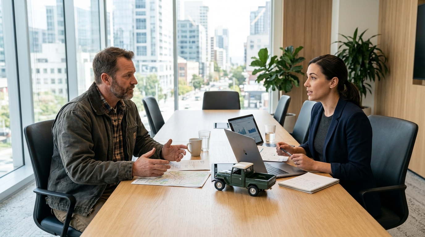 Classic 4x4 truck owner discussing overseas shipping plans with a logistics specialist in a modern office