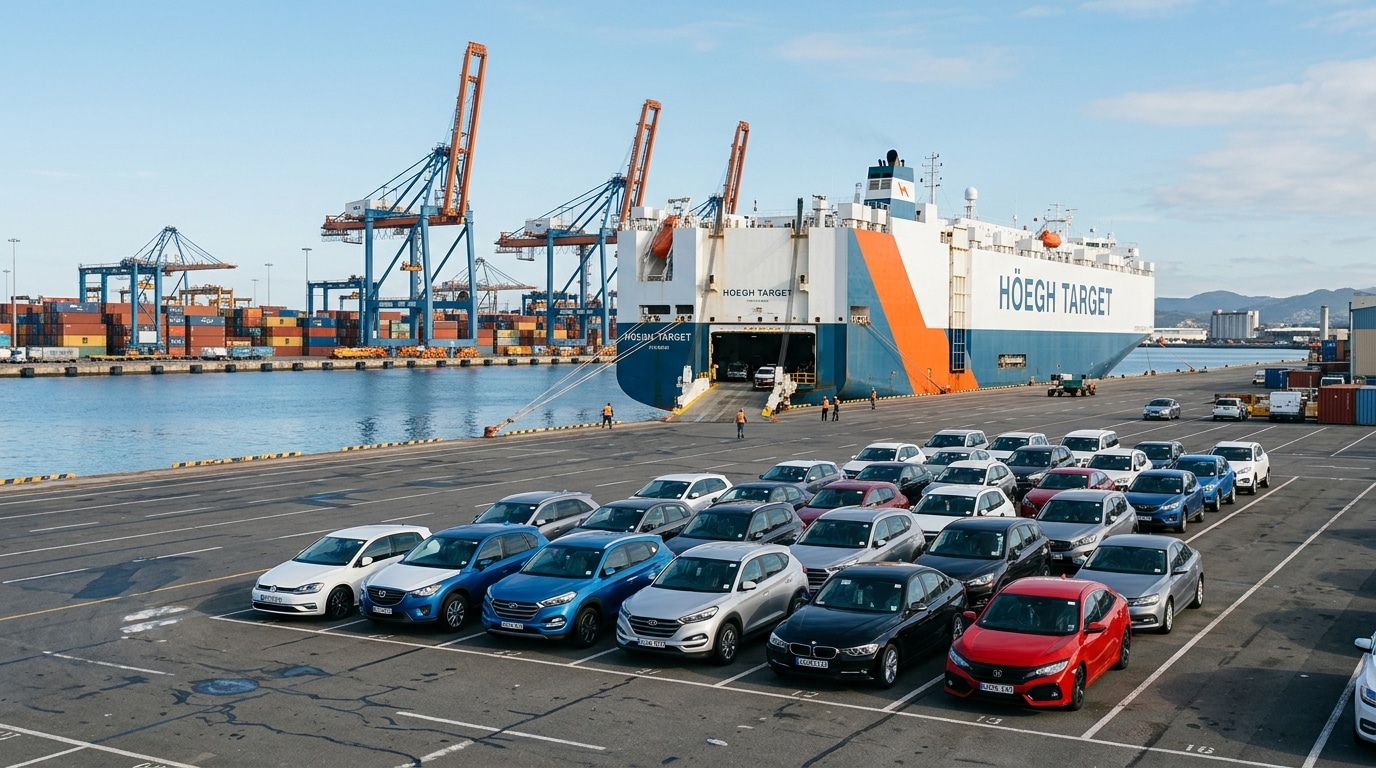 Row of cars parked in a port lot near a vehicle carrier ship ready for overseas shipping