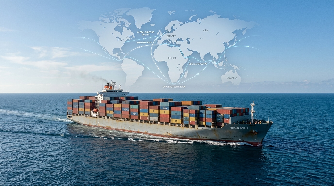 Cargo vessel at sea with a subtle world map in the background suggesting rerouted global shipping routes