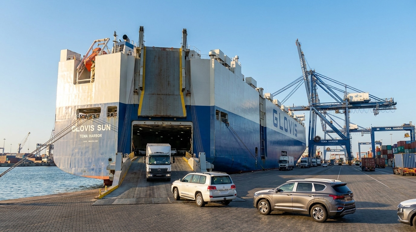Large RoRo car carrier ship docked near Tema Harbor with vehicles driving off a ramp under clear skies