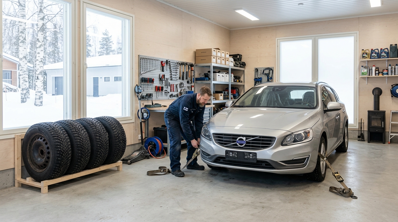 Mechanic preparing a car in a clean Finnish style garage with winter tires and tools neatly arranged