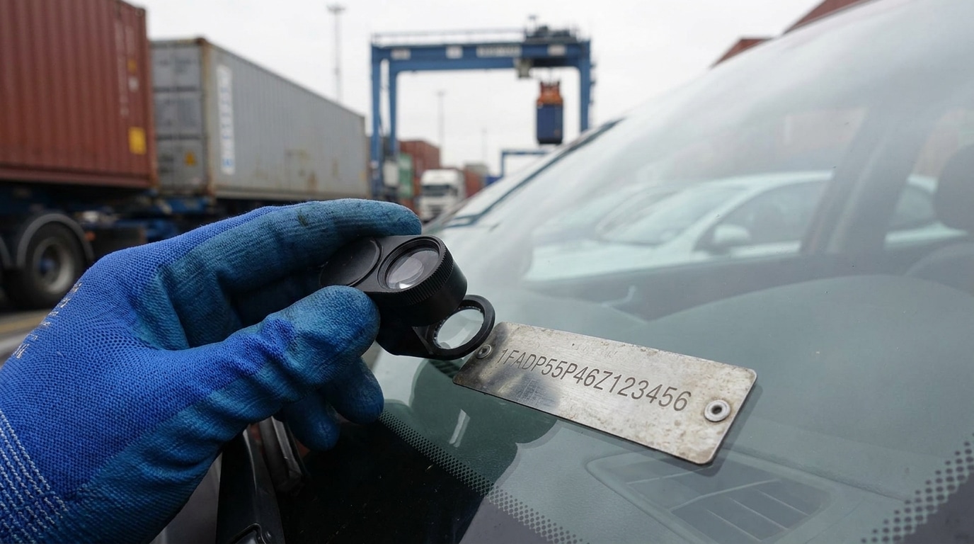 Close up view of a vehicle identification number being inspected at a port during export processing