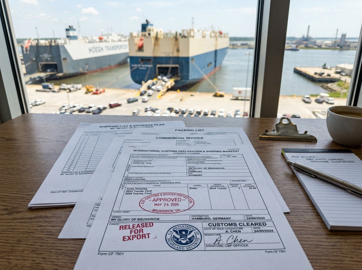 Official customs export documentation and vehicle titles being processed for international clearance at the Port of Brunswick terminal