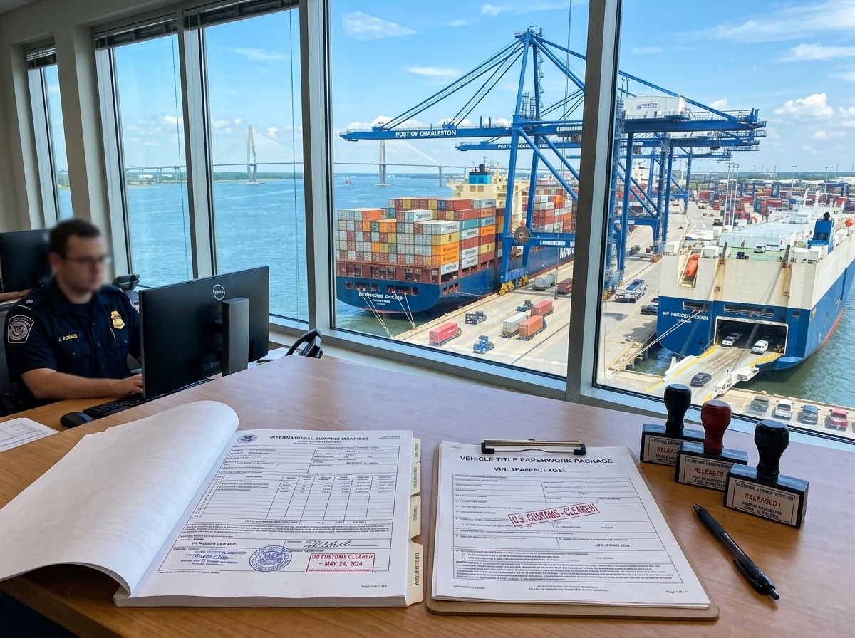 Documentation and customs clearance processing at the Port of Charleston marine shipping terminal