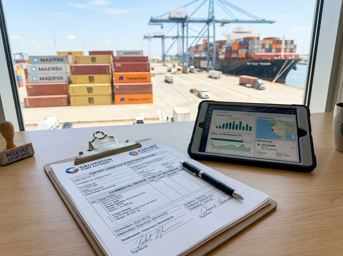 Documentation and customs clearance processing at the Port of Galveston marine shipping terminal