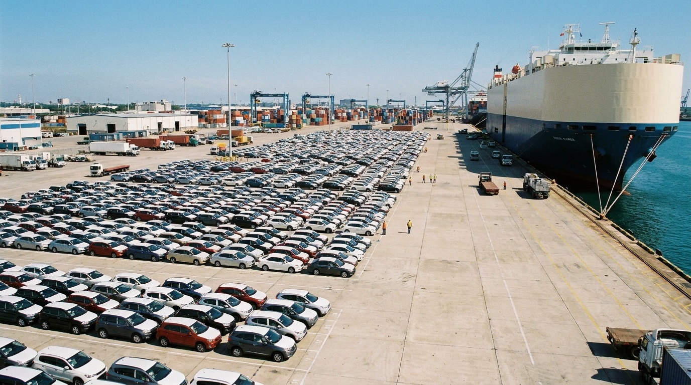 Rows of passenger vehicles pre-staged at an international shipping terminal