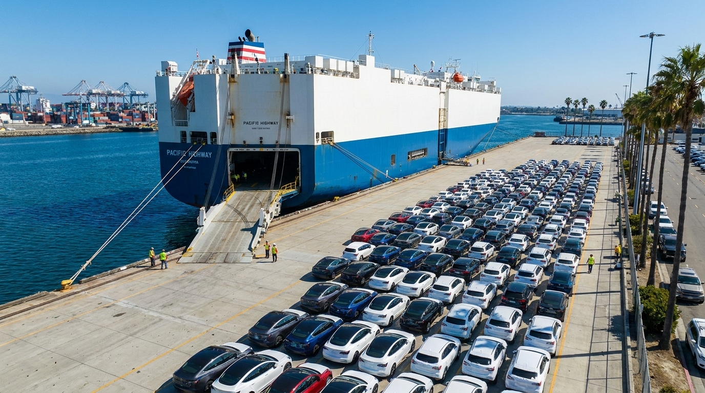 A large roll-on roll-off ocean vessel docked at a mainland port preparing to transport POVs to Hawaii