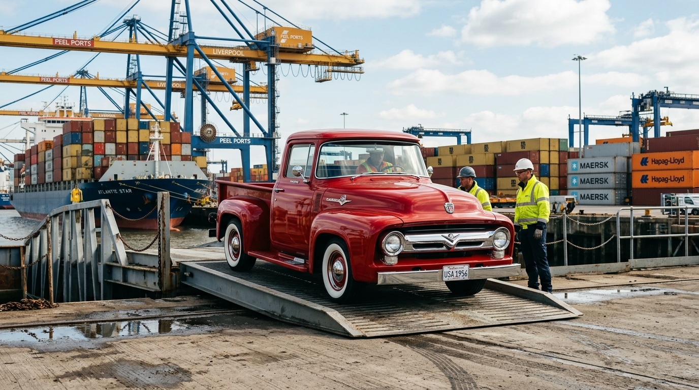 A classic American truck safely unhitched and cleared at the Port of Liverpool docklands.