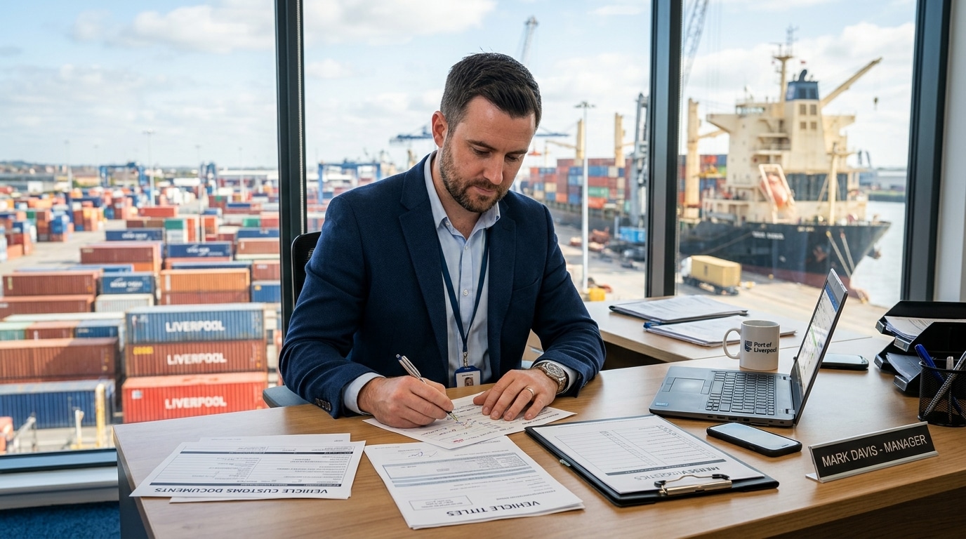 Customs clearance documentation being prepared for vehicle import at the Port of Liverpool automotive shipping terminal.