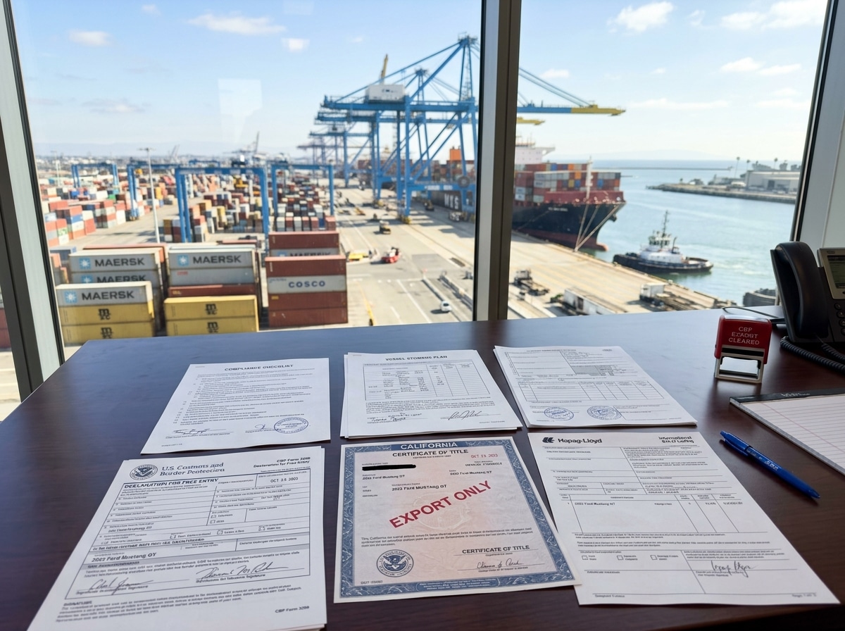 Official customs export documentation and vehicle titles being processed for international clearance at the Port of Long Beach terminal