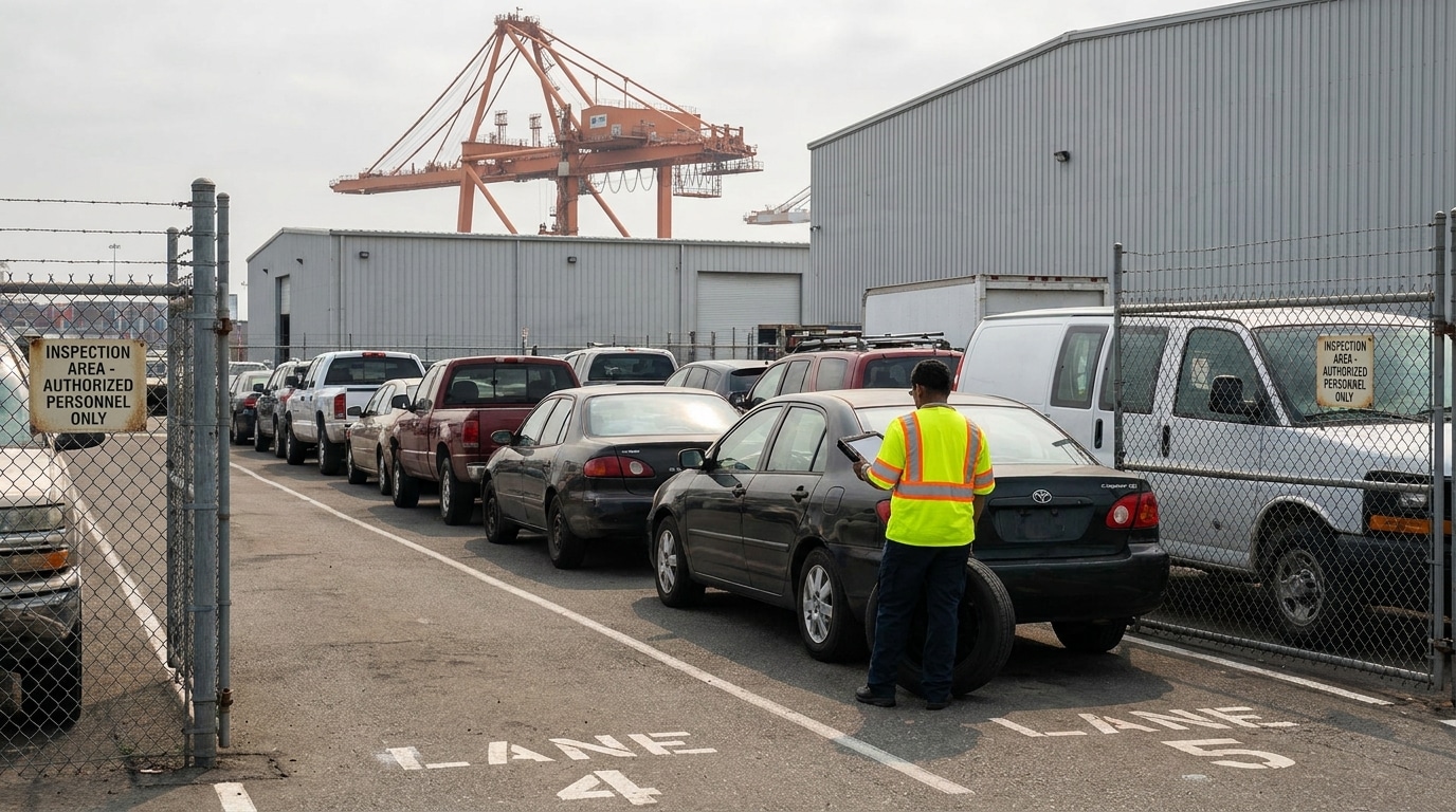 Row of used vehicles lined up in a fenced inspection yard while an inspector checks one car with a tablet