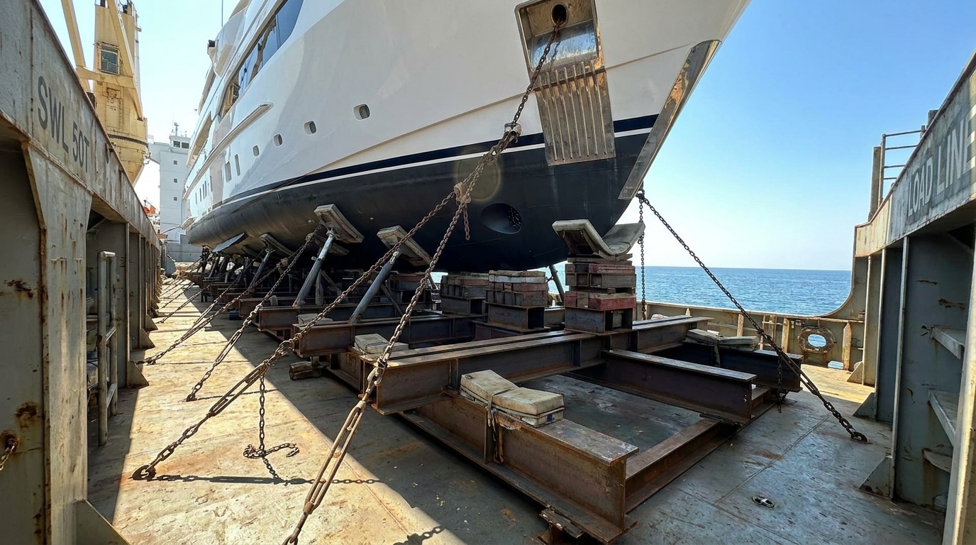 Superyacht resting on a custom steel cradle with multiple hull support pads welded to a cargo ship deck