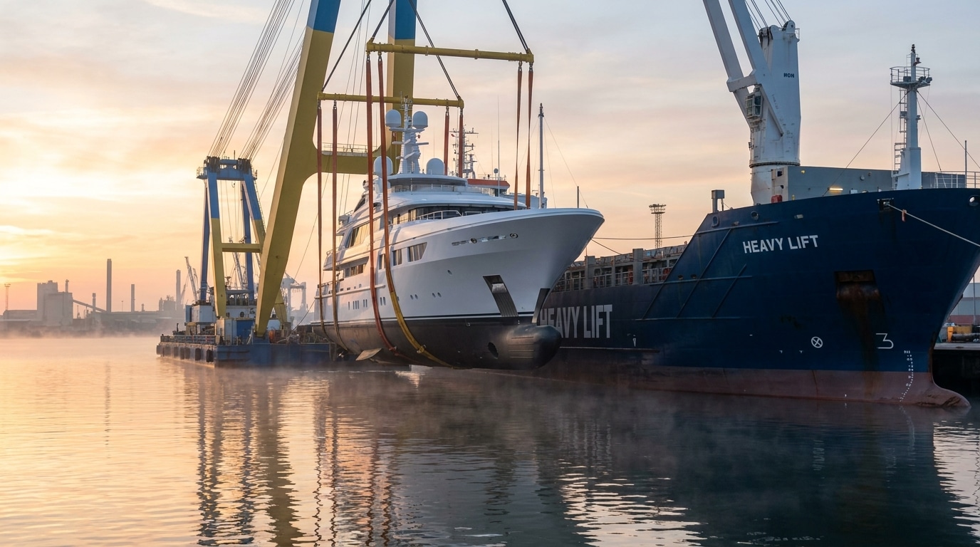 Superyacht being lifted from the water by a floating dock crane system beside a heavy lift cargo vessel at sunrise