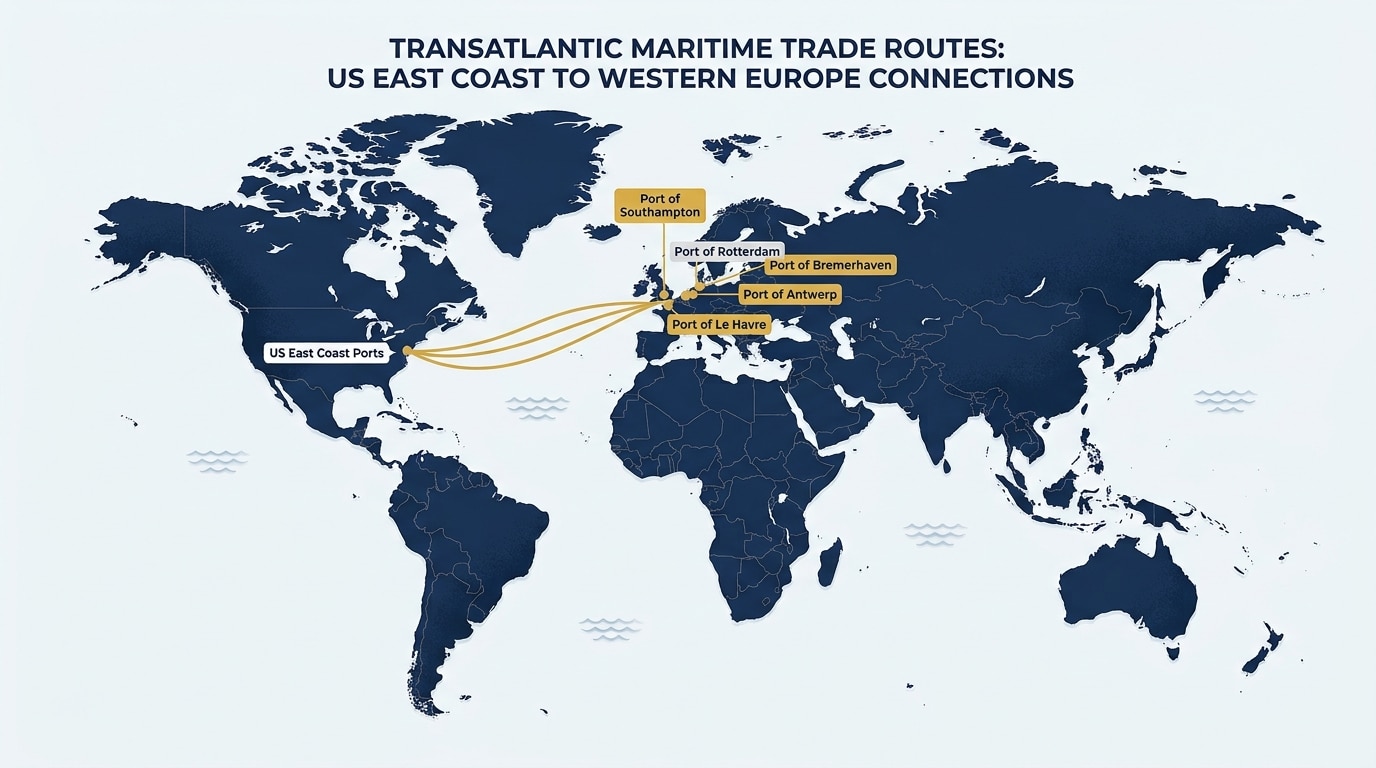 A clear visual infographic map demonstrating the shipping route from US coastal ports to major European maritime terminals