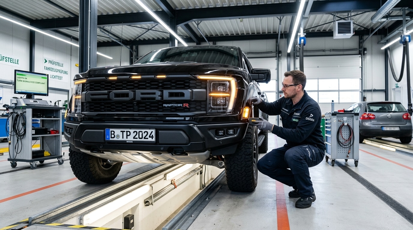 A specialized European vehicle inspection facility verifying the lighting and emissions compliance of an American pickup truck