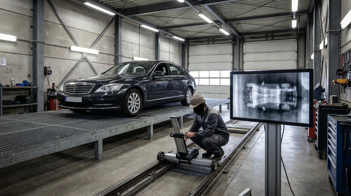 Vehicle on a raised platform while an inspector uses an undercarriage camera system in a covered inspection bay