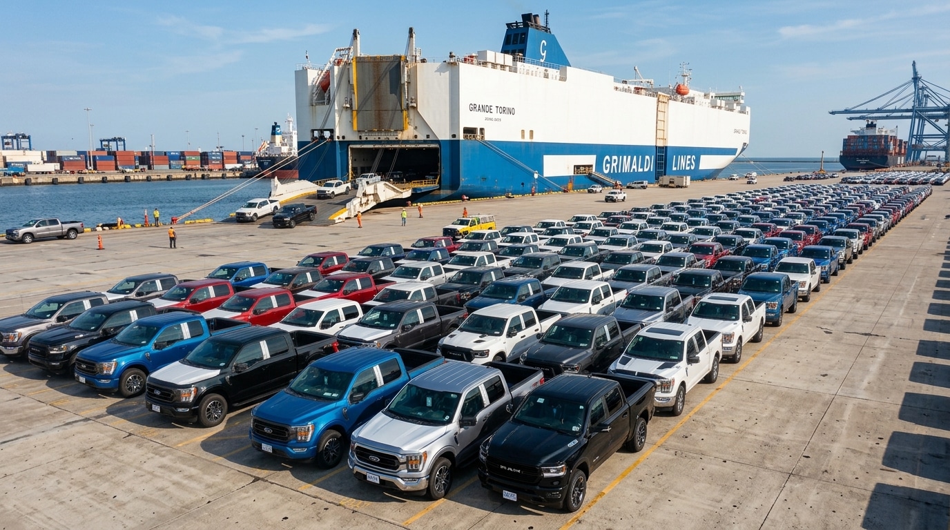 A row of premium American full size pickup trucks staged on a modern mainland port pier awaiting vessel loading