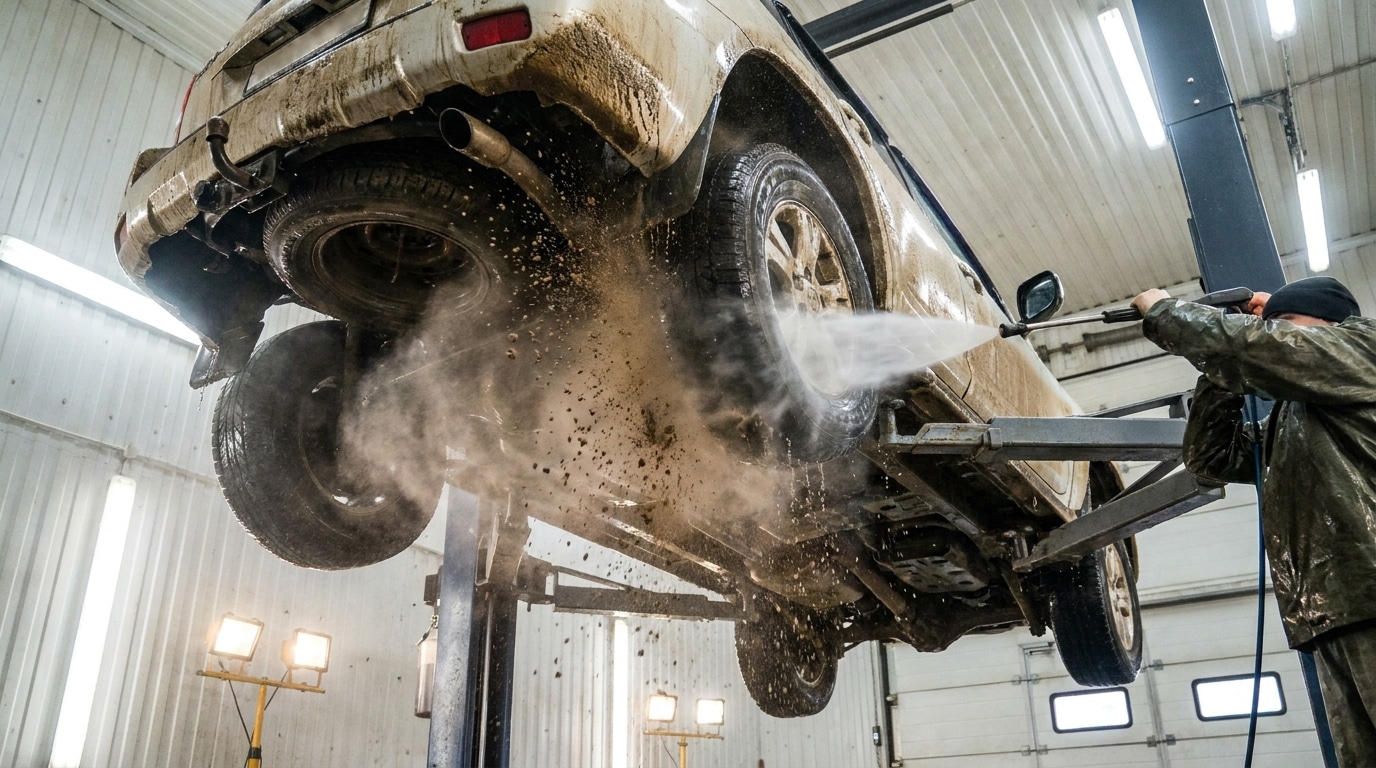 A clean vehicle undercarriage being thoroughly power washed to meet Hawaii agricultural inspection standards