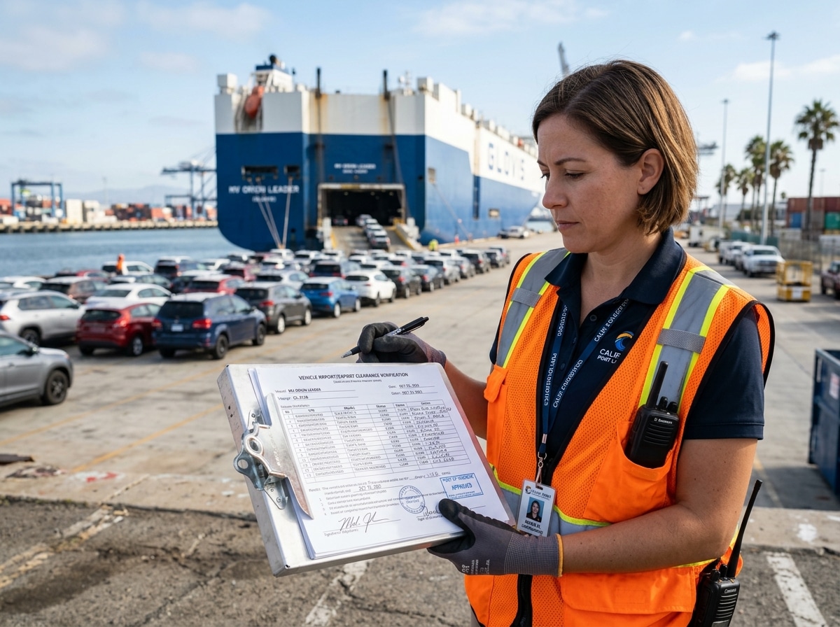 Documentation checks and customs clearance processing next to a RoRo vessel loading at a California shipping terminal