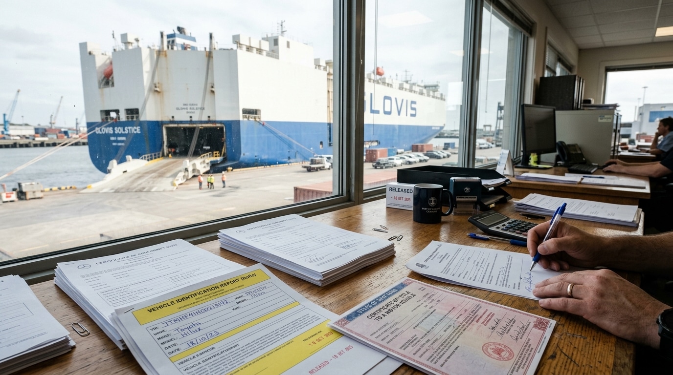 A marine terminal customs office verifying manufacturing origin documents for an incoming Roll on Roll off shipment